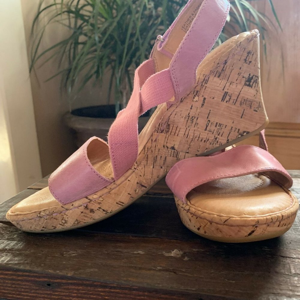 BORN Womens Pink Leather Wedge Strappy Sandals CBFA19 Sz 10M Open Toe